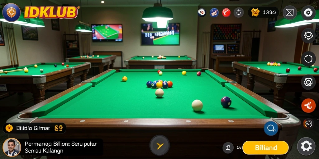 Screenshot antarmuka permainan billiard IDKLUB yang menampilkan keseruan bermain.