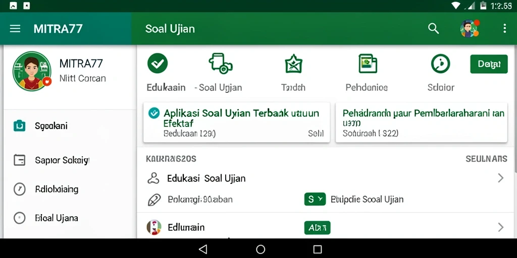 Tampilan antarmuka aplikasi Soal Ujian MITRA77 yang menarik dan interaktif.